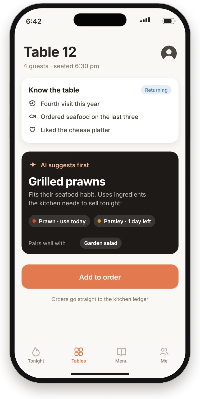 Server view: Table 12, with the dish the AI suggests first